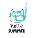 Hello summer. cartoon cat in underwater mask, hand drawing lettering, decor elements. Summer colorful vector illustration, flat st Royalty Free Stock Photo